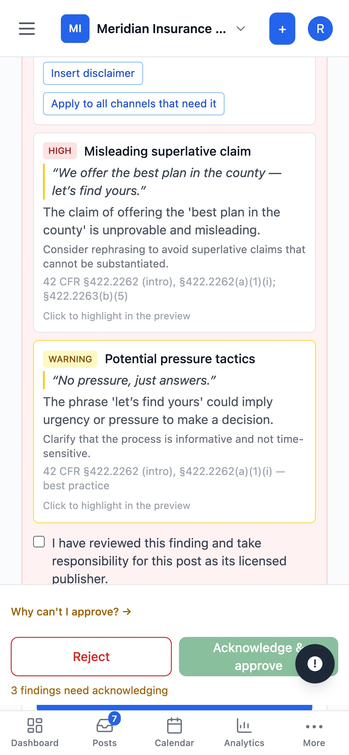 The PostSignOff review on a phone. A finding titled Misleading superlative claim quotes the sentence “We offer the best plan in the county — let’s find yours.” from the draft, and the Acknowledge and approve button stays locked until the finding is acknowledged.