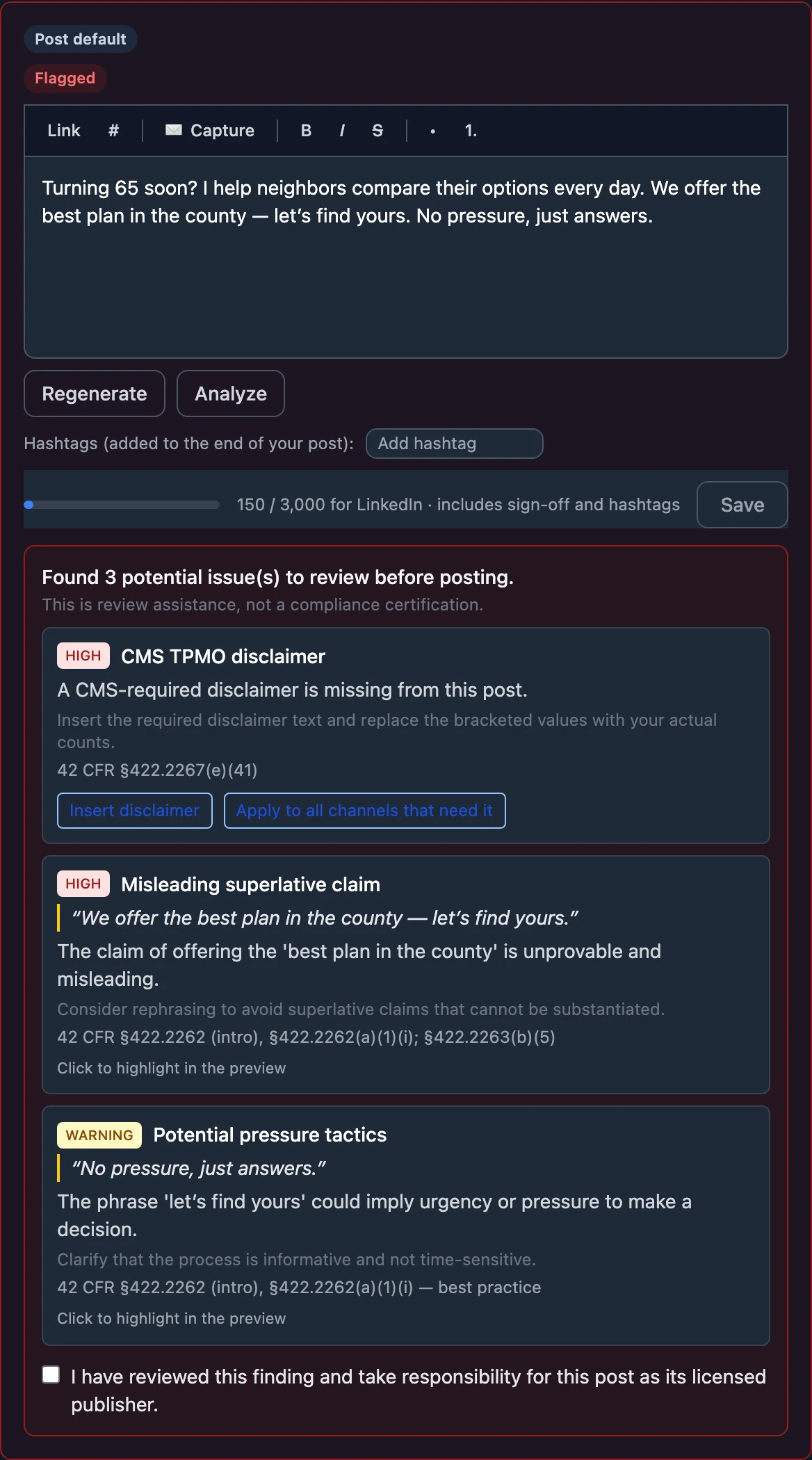 The post editor with the draft marked Flagged. The review below it lists three findings: a missing CMS disclaimer, a misleading superlative claim that quotes “We offer the best plan in the county — let’s find yours.”, and a warning about pressure tactics. The acknowledgment checkbox is unticked.