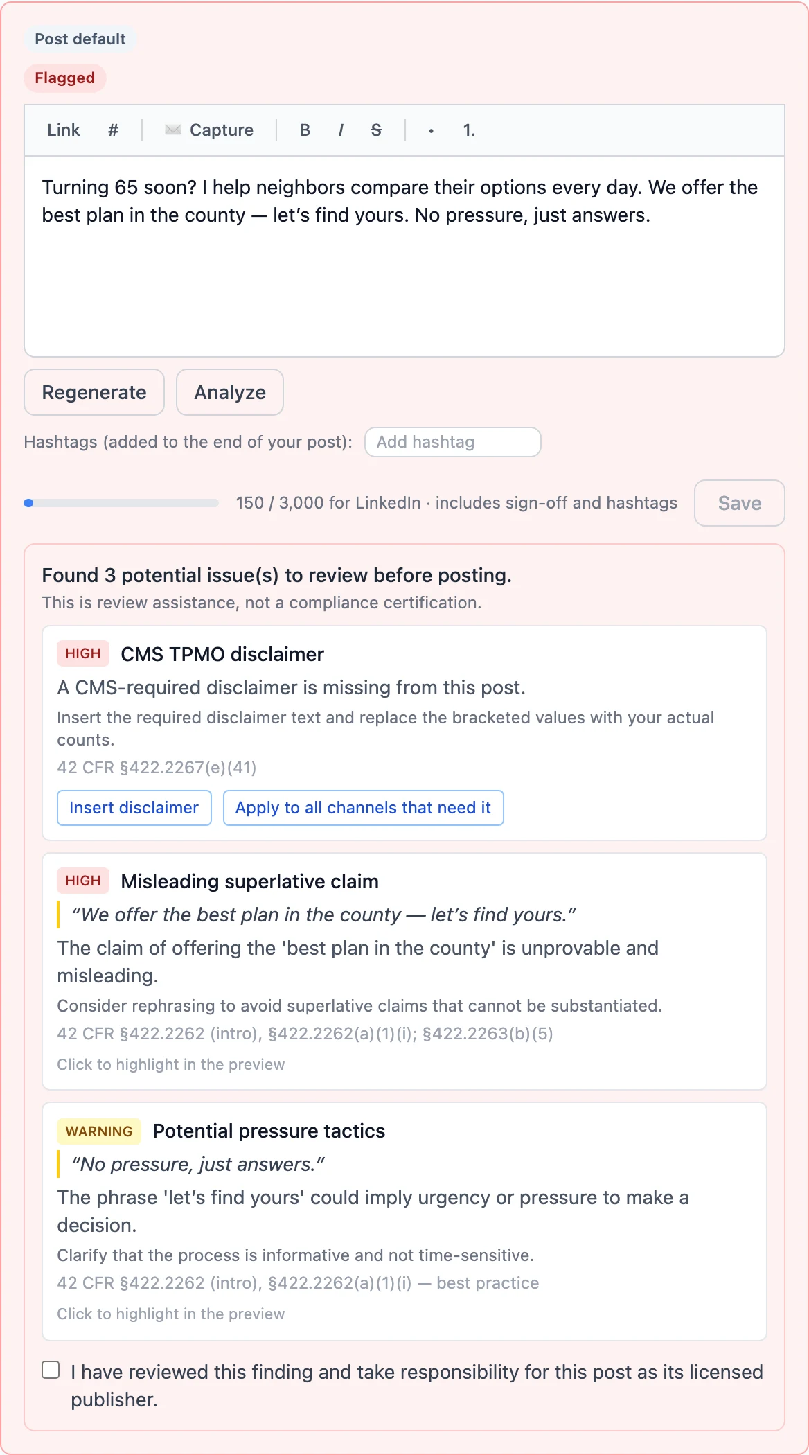 The post editor with the draft marked Flagged. The review below it lists three findings: a missing CMS disclaimer, a misleading superlative claim that quotes “We offer the best plan in the county — let’s find yours.”, and a warning about pressure tactics. The acknowledgment checkbox is unticked.